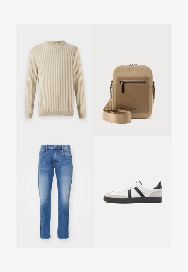 Only & Sons ONSBRANT CREW KNIT - T-Shirt print - beige; Hellblaue Jeans aus Denim mit geradem Bein, fünf Taschen, dezentem Verblassen und einem normalen Bund mit Knopfverschluss.; Weiße Sneaker mit schwarz- und grau-aczenten, ausgestattet mit einer strukturierten grauen Zehenkappe, schwarzer Gummi-Sohle und flachen weißen Schnürsenkeln. Sauberes Design, minimalistische Stil.; Kleine beige Umhängetasche mit vorderer Reißverschlusstasche, metallischem ALDO-Logo, verstellbarem breitem Riemen und abgerundeter rechteckiger Form vor weißem Hintergrund.