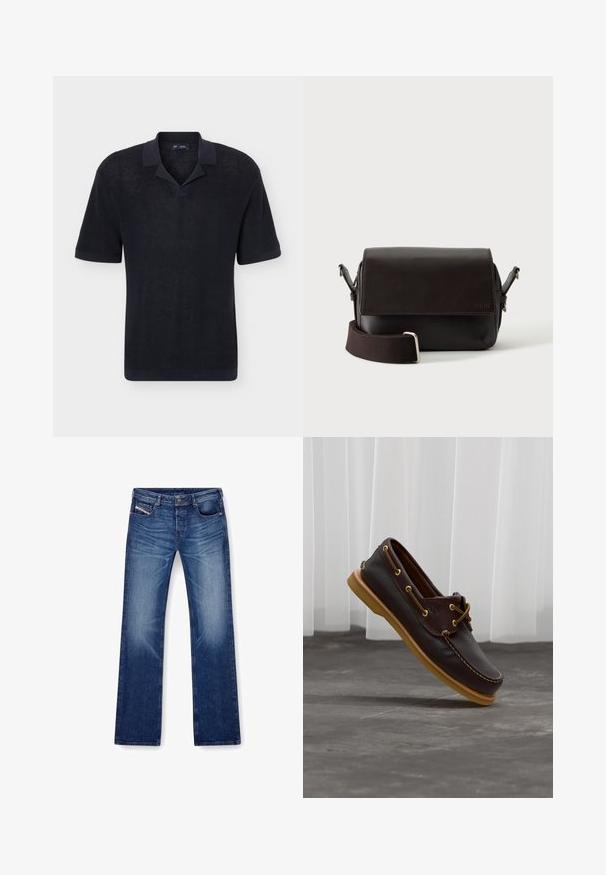 Polo en maille noir à manches courtes avec un col souple et une légère ouverture en V, présenté sur un fond clair uni.; Jean en denim bleu avec une coupe droite, cinq poches et des coutures ton sur ton. Le tissu a une texture lisse avec une légère décoloration.; Chaussure bateau en cuir brun foncé avec semelle marron clair et détails en lacets, vue en angle au-dessus d'un sol gris avec des rideaux blancs en arrière-plan.; Sac bandoulière en cuir marron foncé avec fermeture à rabat et sangle en tissu réglable sur fond blanc.