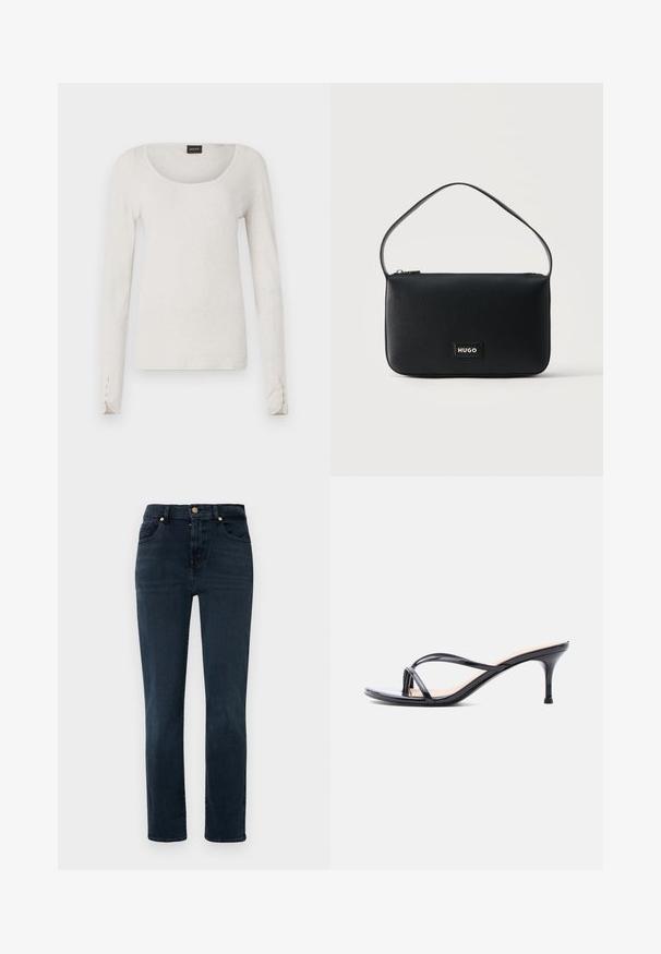 Langärmliges, hellgraues T-Shirt aus weicher Baumwolle mit einem Rundhalsausschnitt und Knopfakzenten an den Manschetten. Einfaches und minimalistisches Design.; Dunkelblaue Jeans mit geradem Bein, hoher Taille, fünf Taschen und goldfarbenen Beschlägen. Glatte Textur, minimale Ausbleichung.; Schwarze Peeptoe-Sandale aus Lackleder mit dünnen, gekreuzten Riemen und einem schlanken, mittelhohen Stilettoabsatz vor weißem Hintergrund.; Schwarze rechteckige Schultertasche aus Leder mit einem kleinen goldenen "HUGO"-Logo-Patch und einem einzelnen dünnen Riemen.
