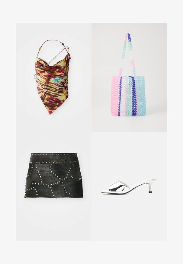 Halter top s viazaním na krku v batikovanom dizajne s tenkými popruhmi a korálkami, v mixe červenej, žltej, hnedej a náznakmi modrej, rozložený na bielom pozadí.; Čierna kožená sukňa so dekoratívnymi striebornými cvočkami a zakriveným švom. Má priliehavý pás a lem, ktorý sa nachádza nad stredom stehna.; Strieborná otvorená sandála na šmyk so slabým podpätkom a lesklým kovovým povrchom na neutrálnom pozadí.; Farebná taška na rameno vyrobená z priehľadných korálok. Obsahuje pruhy v ružovej, zelenej, modrej a bielej farbe. Dve robustné úchytky z korálok.