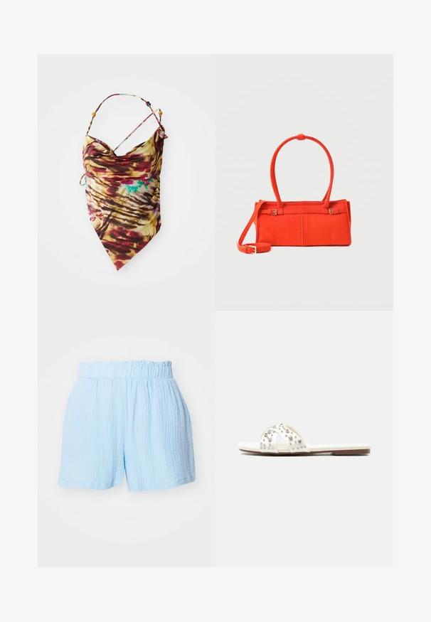 Tie-dye halterneck top med tynde stropper og perle detaljer, med en blanding af rød, gul, brun og strejf af blå, liggende fladt på hvid baggrund.; Lyseblå teksturerede shorts med elastisk indsamlingslinning og afslappet pasform.; Hvid flad slip-in sandal med krydsede stropper dekoreret med sølvnitter og rhinsten på en brun sål mod hvid baggrund.; Rektangulær lille orange håndtaske med dobbelte håndtag, aftagelig lang rem og spænde detaljer på en lys baggrund.