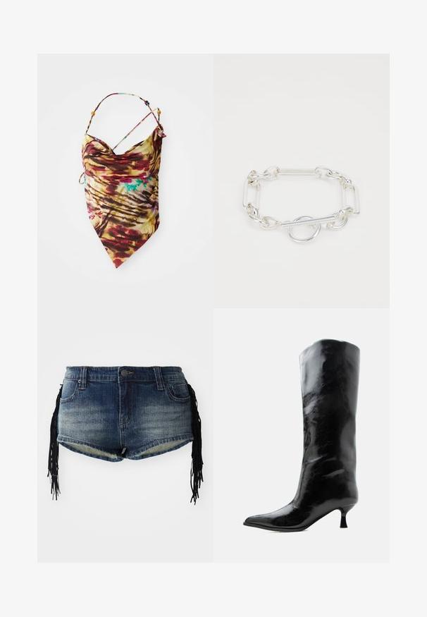 Halter top s viazaním na krku v batikovanom dizajne s tenkými popruhmi a korálkami, v mixe červenej, žltej, hnedej a náznakmi modrej, rozložený na bielom pozadí.; Džínové šortky s gradientom modrého prania, s rozstrapkaným lemom a čiernymi fruškami na stranách, so prednými vreckami a pásom.; Čierna lesklá kožená čižma po kolená so špicatou špičkou a nízkym zakriveným opätkom na jednoduchom svetlom pozadí.; Strieborný reťazový náramok s prepojenými oválnymi a obdĺžnikovými článkami. Obsahuje uzáver na otočenie s kruhovým akcentom. Hladký, lesklý povrch z kovu.