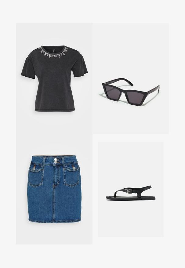Sort t-shirt med korte ærmer og rund halsudskæring, der har en dekorativ perleudsmykning langs kraven og et afslappet snit.; Denim mini skirt, mørkeblå, har høj talje med to forreste knapper, fem-lomme design og kontraststing langs kanten.; Sort flad sandal med ankelrem, tæsepind og sølvspænde på glat sål, vist fra siden på hvid baggrund.; Sorte, kantede solbriller med grå linser; lavet af plast, med tykke stænger med en glat overflade og ingen synlig hardware.