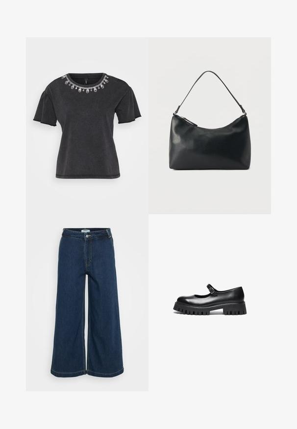Schwarzes T-Shirt mit kurzen Ärmeln und rundem Ausschnitt, verziert mit einer dekorativen Perlenverzierung am Kragen und einem lässigen Schnitt.; Weite Denim-Hose in Dunkelblau. Mit Knopfverschluss, fünf Taschen, heller Naht und glattem Material.; Schwarzer Leder-Mary-Jane-Schuh im Stil mit runder Zehe, Knöchelriemen und einer robusten Gummisohle mit geriffelter Detailierung.; Schwarze Schultertasche aus strukturiertem Leder mit gewölbtem Reißverschluss oben und einem verstellbaren Riemen vor einfarbigem Hintergrund.
