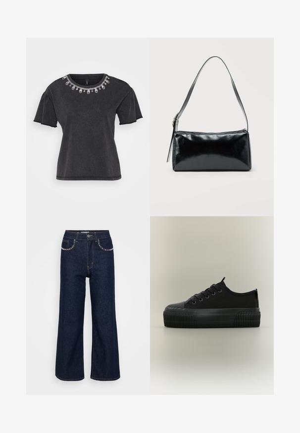 Camiseta negra de manga corta con escote redondo, que presenta un adorno decorativo de cuentas a lo largo del cuello y un diseño de corte relajado.; Vaqueros de pierna ancha de color azul oscuro, confeccionados en denim, con una cintura alta, dos bolsillos frontales con costuras decorativas y un cierre de un solo botón.; Zapatilla negra de plataforma con suela gruesa acanalada, cordones en la parte delantera y tiradores en la lengüeta y el talón, mostrada de lado sobre un fondo neutro.; Bolso de hombro rectangular negro con una correa ajustable y un cierre de cremallera superior sobre un fondo liso.
