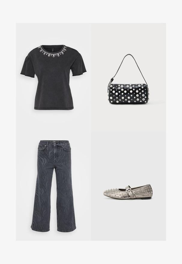 Schwarzes T-Shirt mit kurzen Ärmeln und rundem Ausschnitt, verziert mit einer dekorativen Perlenverzierung am Kragen und einem lässigen Schnitt.; Weite Jeans aus dunkelgrauem Denim mit einem Zebramuster. Klassisches Fünf-Taschen-Design mit Knopf- und Reißverschluss.; Grauer flacher Schuh mit runder Zehenpartie, verziert mit metallischen Nieten und einem Seitengurt mit einer silbernen Schnallendetails. Glatte Textur.; Schwarze Lederhandtasche mit abgerundeter Form, verziert mit silbernen Nieten. Verfügt über einen abnehmbaren Riemen und einen Reißverschluss. Glatte Textur.