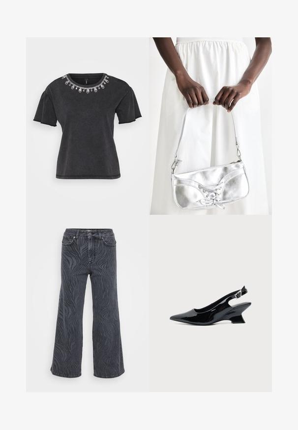 Schwarzes T-Shirt mit kurzen Ärmeln und rundem Ausschnitt, verziert mit einer dekorativen Perlenverzierung am Kragen und einem lässigen Schnitt.; Weite Jeans aus dunkelgrauem Denim mit einem Zebramuster. Klassisches Fünf-Taschen-Design mit Knopf- und Reißverschluss.; Schwarzer Slingback-Schuh aus Lackleder mit spitzer Spitze und niedrigem, schrägem Blockabsatz auf einfachem hellem Hintergrund.; Silberne metallische Handtasche mit Schnürdetail, die ein elegantes Design und einen kurzen Tragegurt aufweist. Die Tasche wird in den Händen gehalten und zeigt ihre Textur.
