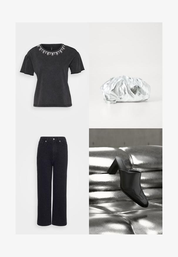 Camiseta negra de manga corta con escote redondo, que presenta un adorno decorativo de cuentas a lo largo del cuello y un diseño de corte relajado.; Pantalones de mezclilla negra de pierna ancha con una cintura alta, que presentan acentos decorativos de tachuelas en todo su diseño y una textura suave.; Mula de cuero negro con tacón ancho descansando sobre una superficie plateada brillante acolchada, destacando su diseño elegante y detalles curvados.; Bolso de mano plateado metálico con un cuerpo suave y fruncido y una correa de hombro delgada. Presenta una textura suave y brillante y una forma redondeada.