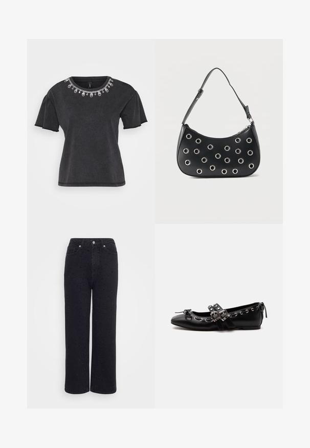 Zwarte t-shirt met korte mouwen en een ronde halslijn, voorzien van een decoratieve bedelversiering langs de hals en een ontspannen pasvorm.; Zwarte denim broek met wijde pijpen en hoge taille, voorzien van decoratieve studs en een zachte textuur.; Zwarte platte balletschoen met dubbele gespsluitingen, zilveren oogjes en een klein strikje nabij de afgeronde neus op een witte achtergrond.; Zwarte leren schoudertas met verstelbare riem, voorzien van zilveren metalen oogjes en een ritssluiting bovenaan.