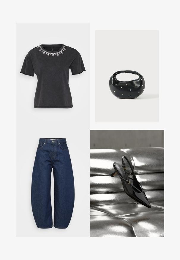 Schwarzes T-Shirt mit kurzen Ärmeln und rundem Ausschnitt, verziert mit einer dekorativen Perlenverzierung am Kragen und einem lässigen Schnitt.; Dunkelblaue Denim-Jeans mit weitem, lockerem Schnitt. Verfügt über einen Reißverschluss, vier Taschen und kontrastierende Nähte entlang der Nähte.; Schwarzer Lackleder-Slingback-Schuh mit spitzer Kappe und kleinem Absatz, ruhend auf einer glänzenden metallischen silberfarbenen, gesteppte Oberfläche.; Schwarze Lederhandtasche mit abgerundeter Form, verziert mit silbernen Nietenakzenten und kurzem Griff. Glatte Struktur und Reißverschlussverschluss.