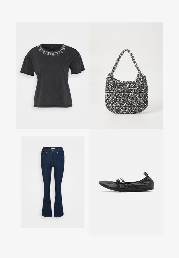 T-shirt noir à manches courtes avec un col rond, présentant une embellisssance décorative en perles le long du col et un design à coupe décontractée.; Jean flare en denim bleu foncé avec un design classique à cinq poches, fermeture à bouton métallique et accents de couture sur les poches.; Ballerines noires en cuir lisse, avec un bout pointu, un bord froncé et deux attaches décoratives avec des accents circulaires.; Sac en osier noir et blanc de forme arrondie, avec une surface texturée et une poignée tressée. Convient à un usage décontracté.