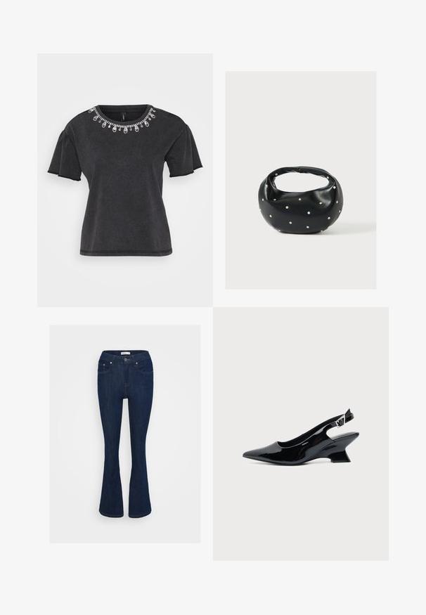 Camiseta negra de manga corta con escote redondo, que presenta un adorno decorativo de cuentas a lo largo del cuello y un diseño de corte relajado.; Pantalones vaqueros acampanados de mezclilla azul oscura con un diseño clásico de cinco bolsillos, cierre de botón metálico y detalles de costura en los bolsillos.; Zapato slingback de cuero charol negro con puntera puntiaguda y tacón bajo en bloque inclinado sobre fondo claro liso.; Bolso de mano de cuero negro con forma redondeada, decorado con detalles de tachuelas plateadas y un asa corta. Textura lisa y cierre con cremallera.