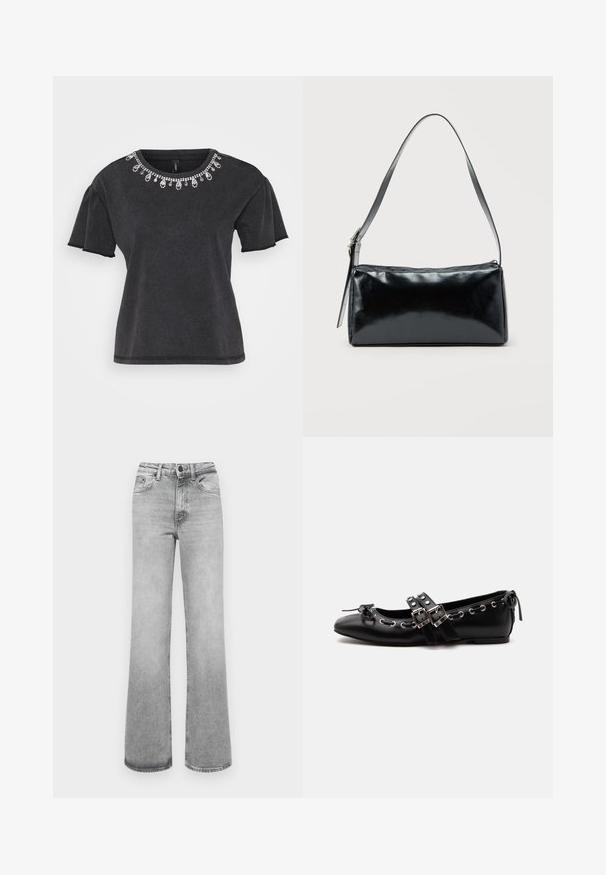 Schwarzes T-Shirt mit kurzen Ärmeln und rundem Ausschnitt, verziert mit einer dekorativen Perlenverzierung am Kragen und einem lässigen Schnitt.; Helle graue, ausgebleichte gerade Jeans mit Fronttaschen, Gürtelschlaufen sowie einem Knopf- und Reißverschluss.; Schwarzer flacher Ballettschuh mit doppelten Schnallenriemen, silbernen Ösen und einer kleinen Schleife nahe der abgerundeten Spitze auf weißem Hintergrund.; Schwarze rechteckige Schultertasche mit einem verstellbaren Riemen und einem oberen Reißverschluss vor einfachem Hintergrund.
