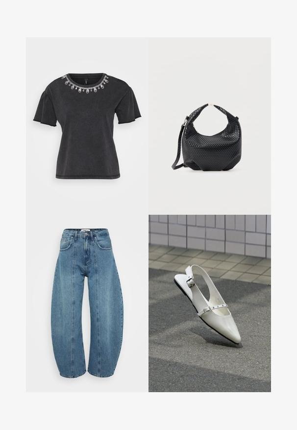 Camiseta negra de manga corta con escote redondo, que presenta un adorno decorativo de cuentas a lo largo del cuello y un diseño de corte relajado.; Vaqueros de tiro alto en azul claro, fabricados en denim, con corte de pata ancha, cinco bolsillos y detalles de costura. Textura suave con un acabado limpio.; Zapato plano blanco con punta puntiaguda y diseño slingback con dos hebillas plateadas, mostrado al aire libre sobre un suelo texturizado y fondo de pared con azulejos.; Bolso de mano de cuero negro trenzado con asa corta y correa de hombro desmontable, exhibido sobre un fondo claro y liso.