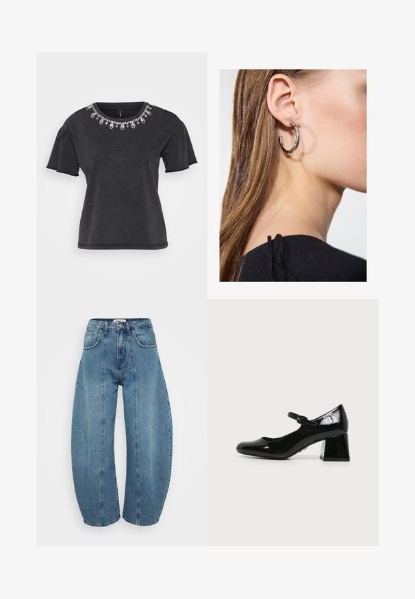 Camiseta negra de manga corta con escote redondo, que presenta un adorno decorativo de cuentas a lo largo del cuello y un diseño de corte relajado.; Vaqueros de tiro alto en azul claro, fabricados en denim, con corte de pata ancha, cinco bolsillos y detalles de costura. Textura suave con un acabado limpio.; Zapato Mary Jane de charol negro con punta redondeada, tacón bajo tipo bloque y tira ajustable con hebilla sobre fondo neutro.; Pendiente de aro de plata con un acabado pulido, que presenta pequeños detalles en dorado y una forma redonda, llevado en el lóbulo.