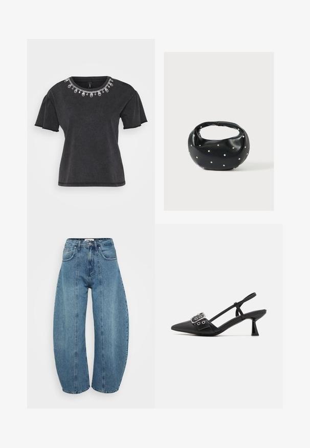 Camiseta negra de manga corta con escote redondo, que presenta un adorno decorativo de cuentas a lo largo del cuello y un diseño de corte relajado.; Vaqueros de tiro alto en azul claro, fabricados en denim, con corte de pata ancha, cinco bolsillos y detalles de costura. Textura suave con un acabado limpio.; Simmi London DALA - Tacones - black; Bolso de mano de cuero negro con forma redondeada, decorado con detalles de tachuelas plateadas y un asa corta. Textura lisa y cierre con cremallera.