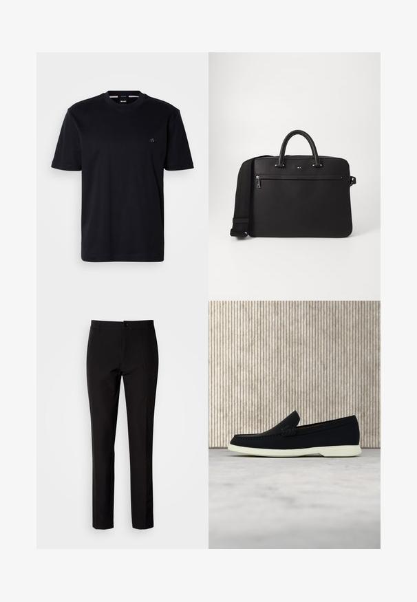 T-shirt noir à manches courtes en coton doux, doté d'un col rond et d'un petit logo circulaire sur la poitrine. Design minimaliste, sans motifs.; Pantalon noir en tissu lisse, avec coupe droite, fermeture à boutons sur le devant et poches latérales discrètes. Look simple et ajusté.; Chaussure noire à enfiler avec un bout arrondi, dotée d'un dessus texturé, d'une semelle blanche lisse et d'un détail de marque subtil sur le côté.; Sac en cuir noir avec une texture lisse, deux poignées supérieures et une bandoulière amovible. Il dispose d'une poche avant zippée et de détails de logo.