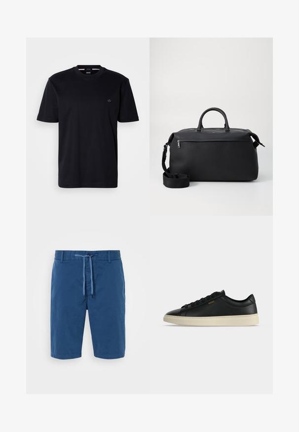 Zwart T-shirt met korte mouwen van zacht katoen, met een ronde hals en een klein cirkelvormig logo op de borst. Minimalistisch ontwerp, zonder patronen.; Blauwe katoenen shorts met een elastische tailleband, een striksluiting, zijzakken en een gladde textuur. Geen patronen of accenten zichtbaar.; Zwarte lage leren sneaker met witte zool, zwarte veters en klein gouden BOSS-logo aan de zijkant.; Zwarte leren reistas met twee bovenhandvaten, een afneembare schouderband en een ritsvak aan de voorkant voor extra opbergruimte.