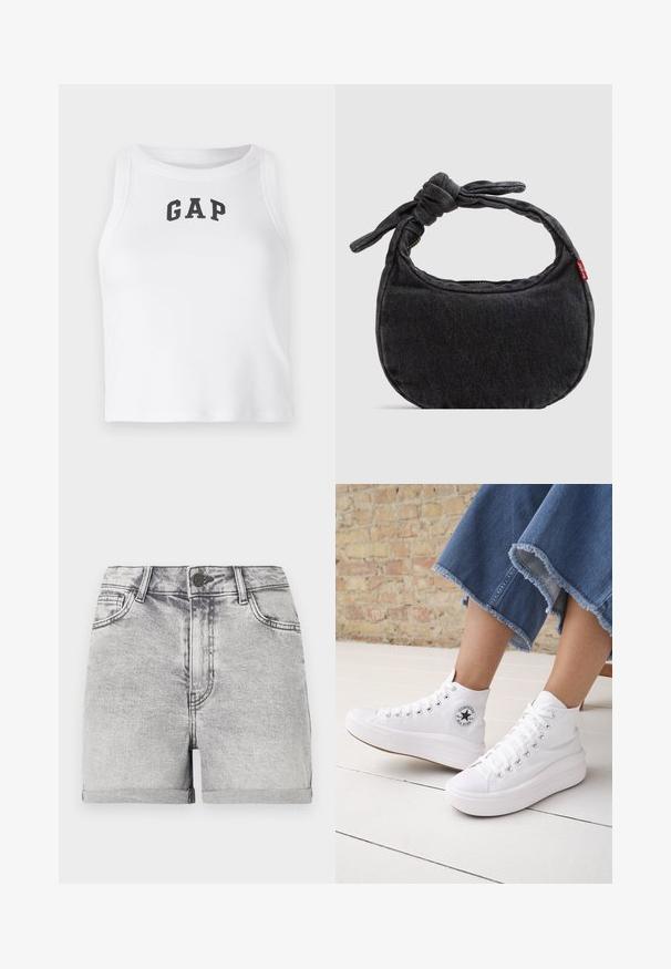Hvid ærmeløs crop top lavet af ribbet stof med et sort "GAP" logo foran. Rund halsudskæring med rene sømme.; Grå denim shorts med oprullede kanter, fem-lomme design og central knaplukning. Glat tekstur med subtile falmede detaljer.; Person iført hvide høje Converse-sneakers med tykke såler og beskårne blå jeans med flossede kanter mod en murstensvæg og hvidt gulv.; Lille sort denim skuldertaske med knyttet rem og lynlåslukning, med en rød Levi's stofetiket på siden.