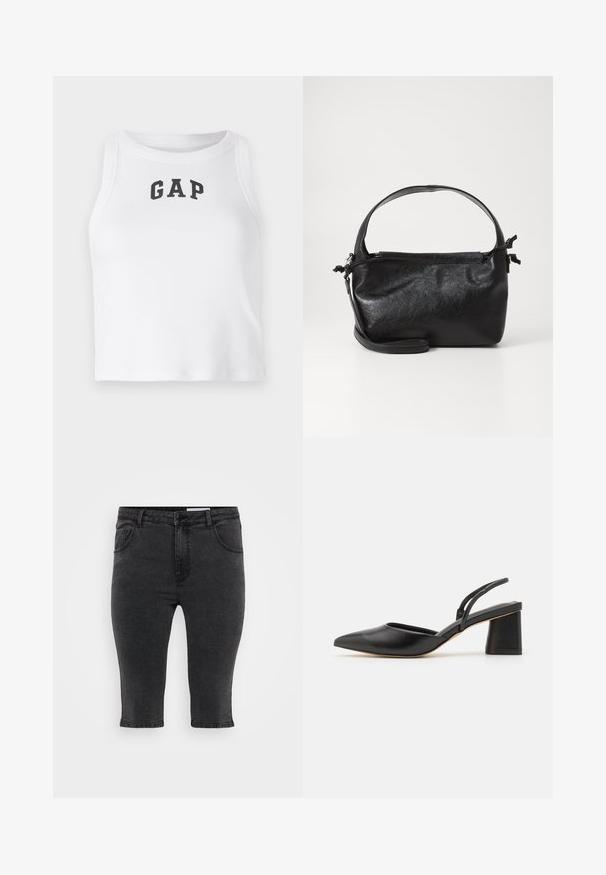 Hvid ærmeløs crop top lavet af ribbet stof med et sort "GAP" logo foran. Rund halsudskæring med rene sømme.; Sorte denim capri-bukser med lige skæring, fem lommer og tonalt syning. Stoffet har en let tekstur og et klassisk design.; Sort lædersko med slingback, spids tå, lav blokhæl og minimalistisk design med tynde remme og glat tekstur.; Sort læderhåndtaske med et struktureret design, rund tophåndtag og aftagelig skulderrem. Den har en glat tekstur og en subtil glans.