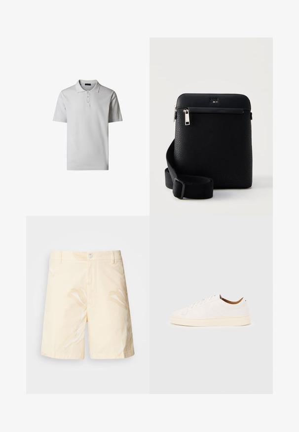 Camiseta polo blanca de manga corta con tres botones y cuello, mostrada sobre un fondo blanco liso.; Pantalones cortos de algodón en amarillo pálido con un patrón floral. Cuenta con cierre de botón, bolsillos frontales y un corte recto con bordes doblados.; Zapatilla blanca de corte bajo con diseño de cordones, detalles mínimos de costuras y suela color crema sobre un fondo gris claro.; Bolso bandolera negro con textura, con correa ajustable, bolsillo frontal con cremallera y logo grabado cerca de la cremallera superior.