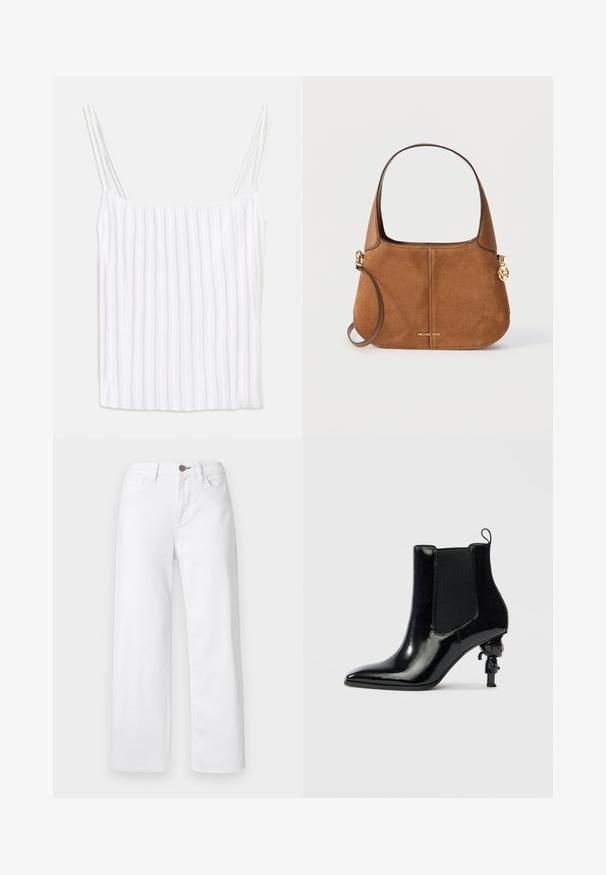 Haut blanc sans manches avec fines bretelles spaghetti, présentant une texture côtelée verticale et un ourlet droit. Tissu léger, design minimaliste.; Jean blanc, coupe droite, en denim, avec bouton et fermeture éclair à l'avant, design à cinq poches, et texture lisse et mate.; Bottine en cuir verni noir avec panneaux latéraux élastiques, bout pointu et un design unique de talon sculptural avec une petite figurine.; Sac à main en daim et cuir marron avec des anses courtes et longues, logo Michael Kors doré et pendentif circulaire doré à droite.