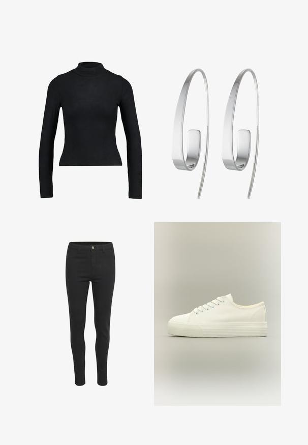 Haut noir à manches longues en col roulé fabriqué dans un tissu côtelé, avec un design ajusté et une silhouette élancée. Pas de motifs ni d'accents.; Jeans skinny noirs avec une texture de tissu lisse, dotés d'une fermeture à bouton à l'avant, de cinq poches et d'un design ajusté.; Baskets basses blanches en toile avec lacets à l'avant et semelle épaisse en caoutchouc texturée sur fond neutre.; Boucles d'oreilles en argent avec un design allongé et épuré. Fabriquées en métal poli, présentant une texture lisse et un style minimaliste.