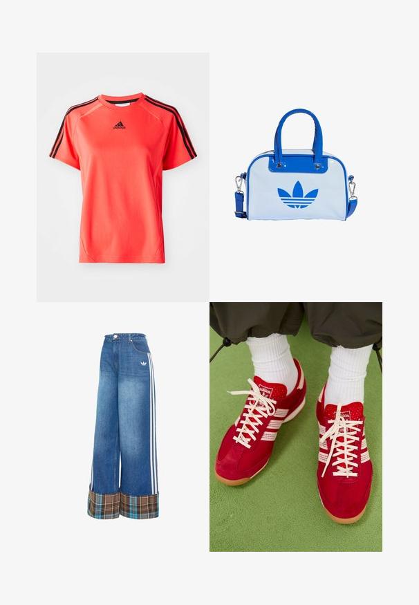 Kurze Ärmel, leuchtend korallfarbendes Sport-T-Shirt aus leichtem Stoff. Mit schwarzem Adidas-Logo und drei schwarzen Streifen auf jeder Schulter.; Weit geschnittene Jeanshosen in Hellblau, mit weißen Seitenstreifen und einem braunen karierten Bündchen. Hergestellt aus einem weichen, strukturierten Stoff.; Rote Wildleder- und Mesh-Sportschuhe mit weißen Streifen und Schnürsenkeln. Gummisohle. Getragen mit weißen gerippten Socken auf einer grünen strukturierten Oberfläche.; Blaue und weiße Handtasche mit glänzendem Finish, ausgestattet mit zwei blauen Griffen, einem abnehmbaren Schulterriemen und einem auffälligen blauen Logo auf der Vorderseite.