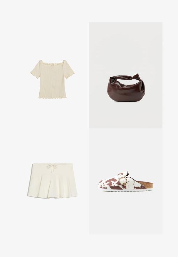 Haut crème à épaules dénudées avec des manches courtes, présentant une texture côtelée et des bords froncés aux poignets et au col. Pas de motifs ni d'accents.; Mini-jupe plissée blanche avec une taille à cordon et un tissu doux et structuré, posée à plat sur un fond blanc.; Sabot à enfiler avec motif peau de vache blanc et marron, doté d'une boucle dorée et d'une semelle en liège avec semelle blanche.; Sac bandoulière en cuir marron foncé avec une forme souple et décontractée et une anse nouée torsadée sur un fond blanc uni.