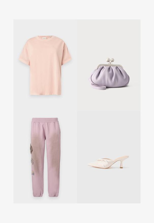 Camiseta de algodón rosa claro con mangas cortas, cuello redondo y un detalle sutil bordado en la parte delantera. Corte relajado y textura suave.; Pantalones de chándal rosas con cintura elástica, que presentan parches decorativos en forma de diamante en el lado izquierdo y puños elásticos en los tobillos.; Zapato mule de tela beige claro con un diseño anudado en la parte delantera, punta afilada y un tacón delgado y estrecho. Textura suave en general.; Bolso de mano suave de lavanda con tela recogida, cierre de beso plateado y correa de muñeca a juego sobre un fondo liso y claro.