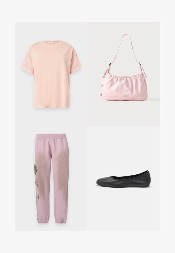 Camiseta de algodón rosa claro con mangas cortas, cuello redondo y un detalle sutil bordado en la parte delantera. Corte relajado y textura suave.; Pantalones de chándal rosas con cintura elástica, que presentan parches decorativos en forma de diamante en el lado izquierdo y puños elásticos en los tobillos.; Bailarina de piel negra con punta redondeada, textura suave, detalle de costura minimalista y diseño de suela flexible.; Bolso de hombro rosa claro con correa ajustable, borde superior fruncido, cierre de cremallera y pequeño logo en relieve en el centro frontal.