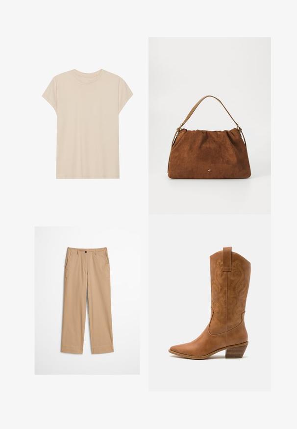 Beige T-shirt met korte mouwen, gemaakt van zachte stof, met een ronde hals en een relaxte pasvorm. Gladde textuur zonder zichtbare patronen of accenten.; Beige katoenen broek met rechte pijpen, een knoopsluiting aan de voorkant en een gladde textuur. Voorzien van standaard riemlussen en een platte voorkant.; Tan leren cowboylaars met puntige neus, geborduurde spiraalpatronen op de schacht en een gestapelde blokhak. Voorzien van een trekband voor gemakkelijke aan- en uittrekken.; Bruine suède handtas met een geplooid ontwerp, voorzien van een enkele tan kleur leren schouderband en een subtiele gouden logo-detail aan de voorkant.