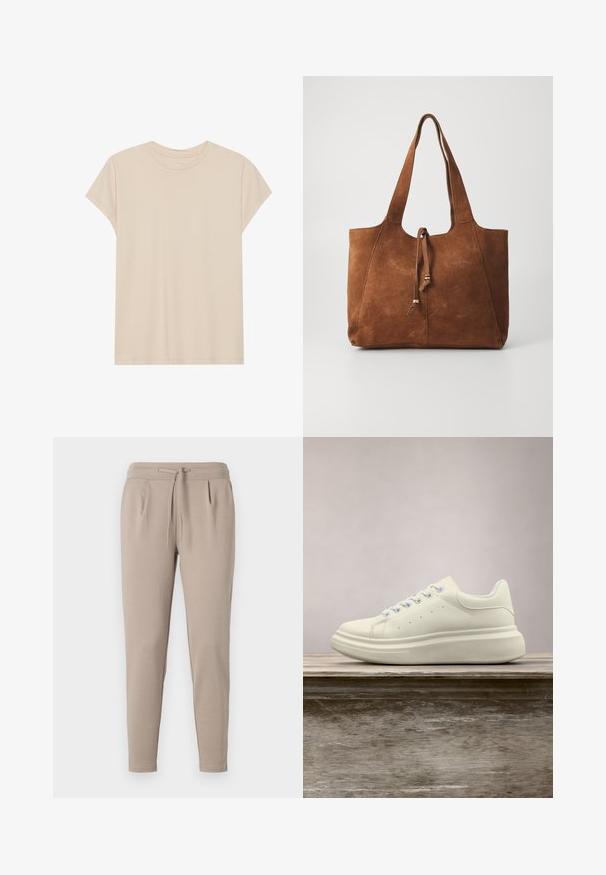 Camiseta de manga corta beige hecha de tejido suave, con cuello redondo y un ajuste relajado. Textura lisa sin patrones o acentos visibles.; Pantalones jogger beige elaborados en tejido suave, con una cintura elástica y cordón, y bolsillos laterales. Diseño de pierna estrecha.; Zapatilla deportiva de cuero blanco con puntera redonda, textura lisa y cordones en contraste. Cuenta con orificios de ventilación y una suela de goma gruesa para mayor comodidad.; Bolso tote de ante marrón con dos asas largas, cierre de cordón y textura suave. Presenta un diseño sencillo y acentos mínimos.