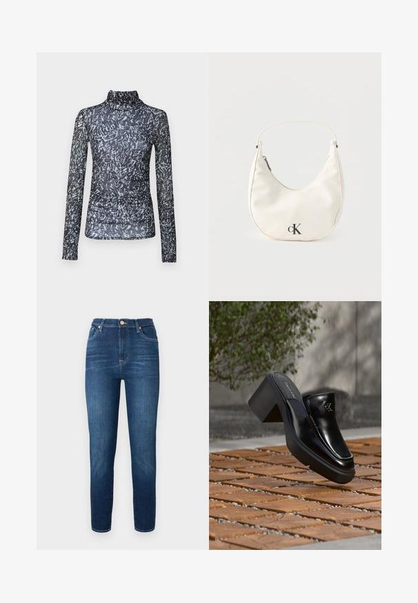 Haut à manches longues et col montant en tissu noir transparent avec des motifs abstraits blancs et gris ; présente des détails froncés à la taille.; Jeans en denim bleu foncé avec une taille haute, des jambes fuselées et une fermeture à bouton. Présente une décoloration subtile et sans motifs ni embellissements visibles.; Mule slip-on en cuir noir Calvin Klein avec talon bloc reposant sur des carreaux en bois à l'extérieur près d'une plante verte et d'un mur gris.; Petit sac à main blanc en forme de croissant avec une courte bandoulière, fermeture éclair et logo "cK" noir sur le devant.