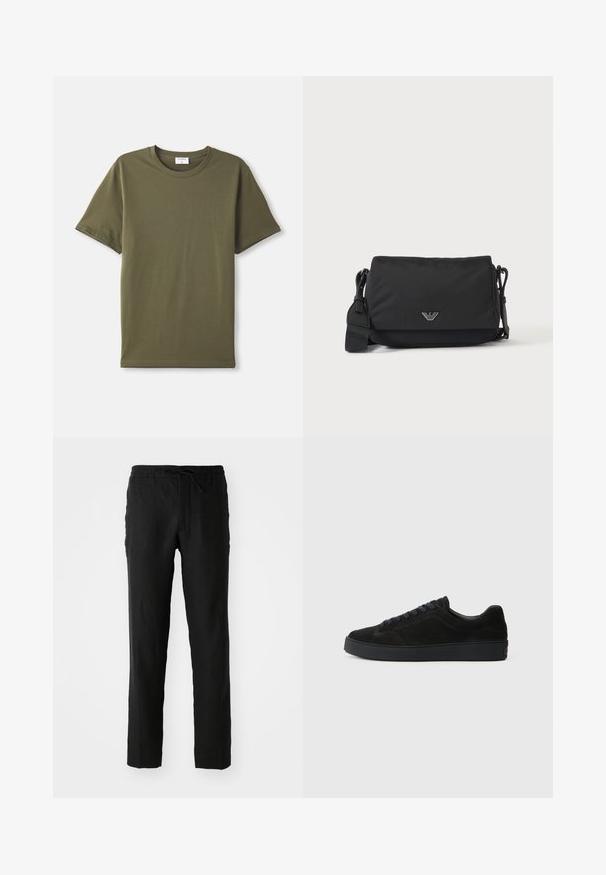Simpel olivengrøn kortærmet T-shirt med rund hals liggende fladt på en hvid baggrund.; Sorte linnedbukser med elastisk talje og snor. Lige ben-design og glat tekstur. Velegnet til afslappet brug.; Sort semsket sneakers med en flad, tekstureret sål, rund tå, seks snørrehuller og et minimalistisk design.; Sort crossbody taske med justerbar rem og lille sølv logoemblem på frontklap, vist på ensartet lyst baggrund.