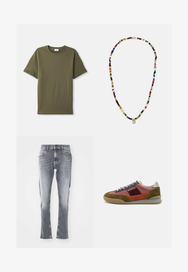 Simpel olivengrøn kortærmet T-shirt med rund hals liggende fladt på en hvid baggrund.; Grå denimjeans med slim fit, rå kant og fem lommer. Har en klassisk knap- og lynlåslukning. Blød tekstur med falmet vask.; PS Paul Smith DOVER - Sneakers - pink; Farverig perlekæde med varierede former og størrelser, med metalliske accenter og små dekorative charms. Overvejende multicoloreret.