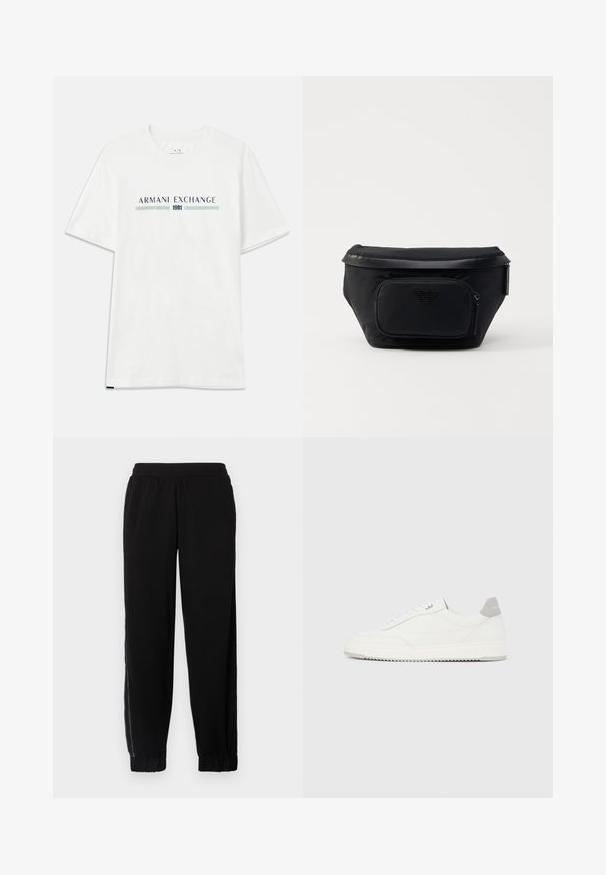 Hvid bomulds t-shirt med korte ærmer, prydet med et blåt og grønt "ARMANI EXCHANGE" logo og "1991" centreret nedenfor.; Sorte joggingbukser lavet af blødt stof, med elastisk talje, afsluttede benkant og sidenetpaneler for ekstra ventilation.; Hvid lavtop-sneaker med gråt hælflig, hvide snørebånd og tekstureret sål, vist på en ensfarvet lys baggrund.; Sort nylon taske med en frontlomme med lynlås, der har en glat overflade og et logo som accent. Struktureret design med fold-over top.