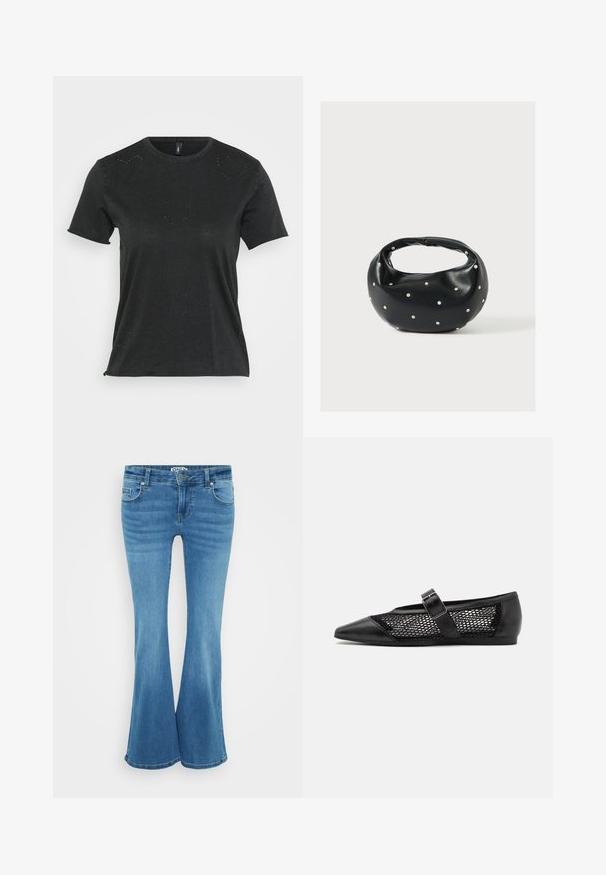 Zwarte T-shirt met korte mouwen en ronde halslijn, met subtiele hartvormige rhinestone versieringen aan de voorkant. Zacht, casual materiaal.; Blauwe flare jeans van denim. Middenhoogte taille, vijf-pocket ontwerp en gestikte details aan de voorkant en randen. Gladde textuur.; Zwarte platte schoen met een puntige neus, mesh zijpanelen en een bandje met een gespdetail. Gladde afwerking op de neus en haksecties.; Zwarte leren handtas met een afgeronde vorm, versierd met zilveren studs, en een korte handgreep. Gladde textuur en ritsluiting.