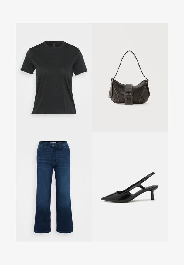 Camiseta negra de manga corta con cuello redondo, que presenta sutiles adornos de rhinestones en forma de corazón en la parte delantera. Tejido suave y casual.; ONLY Petite ONLMADISON BLUSH WIDE - Pernera ancha - dark blue denim; Tacones de slingback negros con punta afilada, hechos de material brillante, que presentan acentos recortados y un tacón moderado para mayor soporte.; Bolso de hombro de cuero negro con detalle de correa con hebilla, bordes curvos y costuras blancas en contraste sobre un fondo liso.