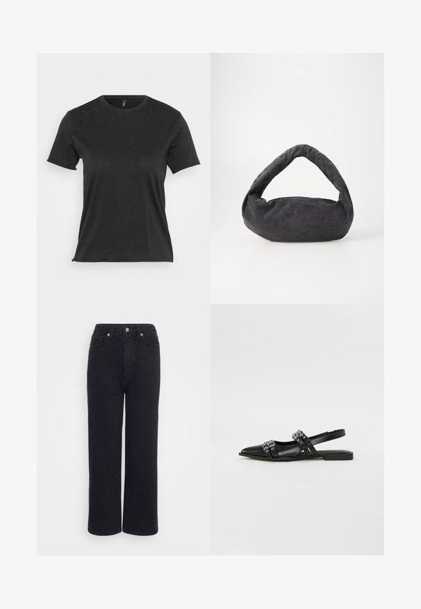 Camiseta negra de manga corta con cuello redondo, que presenta sutiles adornos de rhinestones en forma de corazón en la parte delantera. Tejido suave y casual.; Pantalones de mezclilla negra de pierna ancha con una cintura alta, que presentan acentos decorativos de tachuelas en todo su diseño y una textura suave.; Even&Odd Bailarinas con tira trasera - black; Bolsa de tela gris oscuro con un asa curva, textura suave y forma redondeada. Sin hardware ni adornos visibles.