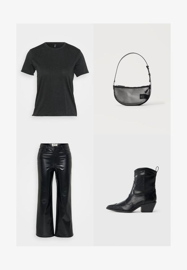Zwarte T-shirt met korte mouwen en ronde halslijn, met subtiele hartvormige rhinestone versieringen aan de voorkant. Zacht, casual materiaal.; Zwarte, patroonprint nepleren broek met een uitlopende silhouette. Voorzien van een ritssluiting, riemlussen en decoratieve naden. Gladde, glanzende textuur.; Zwarte leren westernboot tot halverwege het been met een spitse neus, decoratieve stiksel, een lipje om aan te trekken en een gestapeld blokhak op een neutrale achtergrond.; Zwarte mesh halve maan handtas met een korte verstelbare leren riem en ritssluiting op een effen lichte achtergrond.