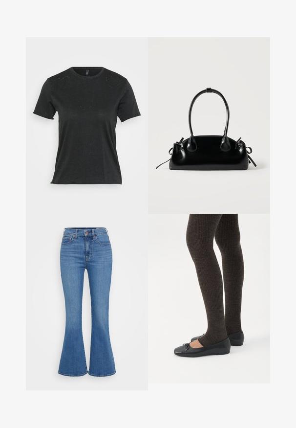 Sort kortærmet T-shirt med rund halsudskæring, der har diskrete hjerteformede rhinstenapplikationer på forsiden. Blødt, afslappet stof.; Lyseblå klokkeformede jeans med høj talje, lavet af denim. Funktionen inkluderer to forlommer og en knaplukning i taljen.; Ben iført mørke ribbede leggings kombineret med sorte balletsko med små sløjfedetaljer på hvid baggrund.; Lille sort blank håndtaske med to lange håndtag og snøre-detaljer i siden på en ensfarvet lys baggrund.
