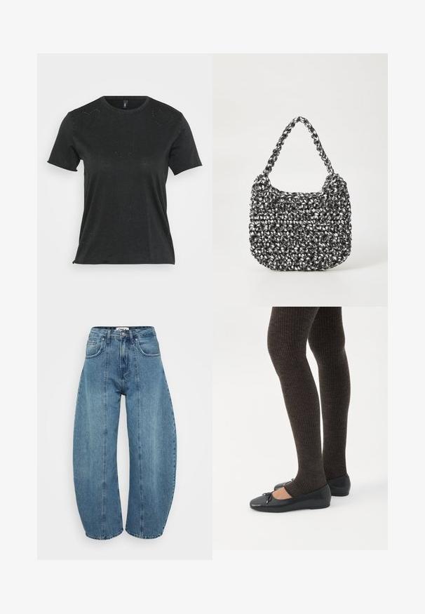 Sort kortærmet T-shirt med rund halsudskæring, der har diskrete hjerteformede rhinstenapplikationer på forsiden. Blødt, afslappet stof.; Lyseblå højaldene jeans lavet af denim, med bred benklip, fem lommer og syningsdetaljer. Glat tekstur med et rent finish.; Ben iført mørke ribbede leggings kombineret med sorte balletsko med små sløjfedetaljer på hvid baggrund.; Vævet håndtaske i sort og hvid med en rund form, tekstureret overflade og et fletet håndtag. Velegnet til afslappet brug.