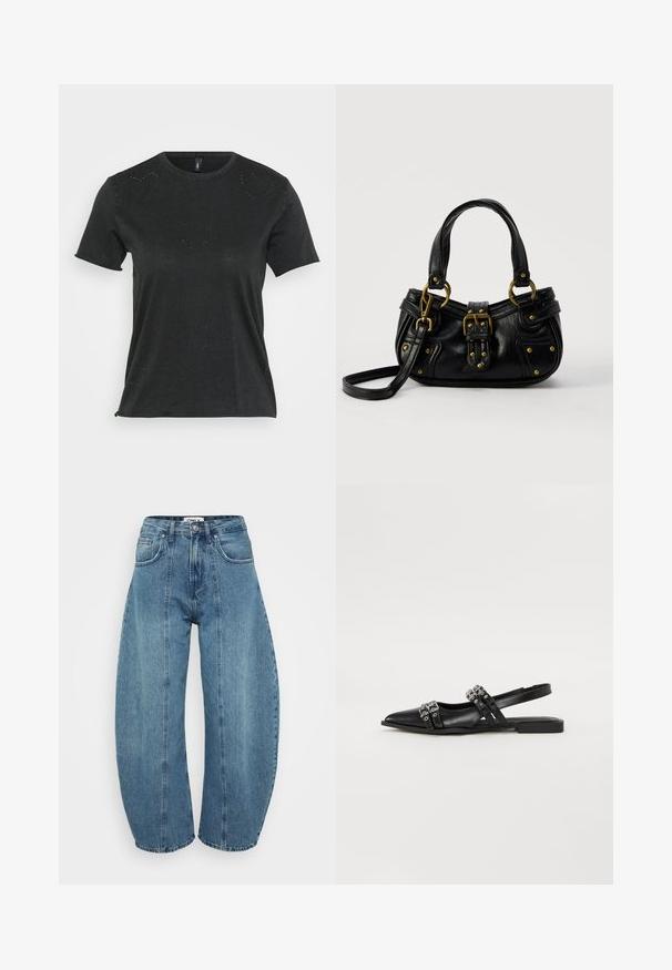 Camiseta negra de manga corta con cuello redondo, que presenta sutiles adornos de rhinestones en forma de corazón en la parte delantera. Tejido suave y casual.; Vaqueros de tiro alto en azul claro, fabricados en denim, con corte de pata ancha, cinco bolsillos y detalles de costura. Textura suave con un acabado limpio.; Even&Odd by Zalando Bailarinas con tira trasera - black; Bolso de cuero negro con hebilla y detalles de remaches dorados, asas cortas y una correa de hombro ajustable sobre un fondo blanco liso.