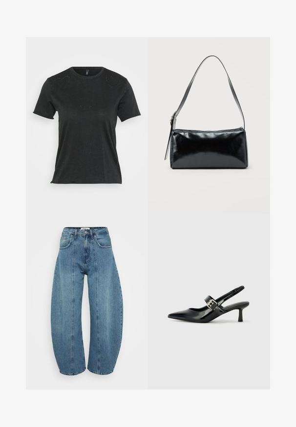 Camiseta negra de manga corta con cuello redondo, que presenta sutiles adornos de rhinestones en forma de corazón en la parte delantera. Tejido suave y casual.; Vaqueros de tiro alto en azul claro, fabricados en denim, con corte de pata ancha, cinco bolsillos y detalles de costura. Textura suave con un acabado limpio.; Zapatos de tacón en charol negro con tira al tobillo, punta afilada y un pequeño tacón bloque, que cuentan con un acento de hebilla plateada en la correa.; Bolso de hombro rectangular negro con una correa ajustable y un cierre de cremallera superior sobre un fondo liso.