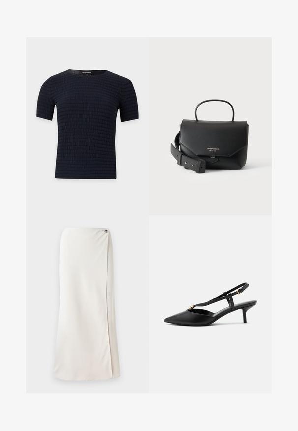 Camisa negra de manga corta con un sutil patrón texturizado horizontal y cuello redondo, presentada sobre un fondo liso y claro.; Larga falda blanca hecha de una tela suave, con una abertura lateral y un acento decorativo de botón plateado cerca de la cintura. Líneas limpias y diseño minimalista.; Zapato slingback de cuero negro con tacón kitten, puntera puntiaguda, tira en T delgada, hebilla ajustable y pequeño adorno dorado en la tira.; Bolso Emporio Armani de cuero negro con asa superior, cierre de solapa y correa de hombro ancha y desmontable sobre fondo blanco.