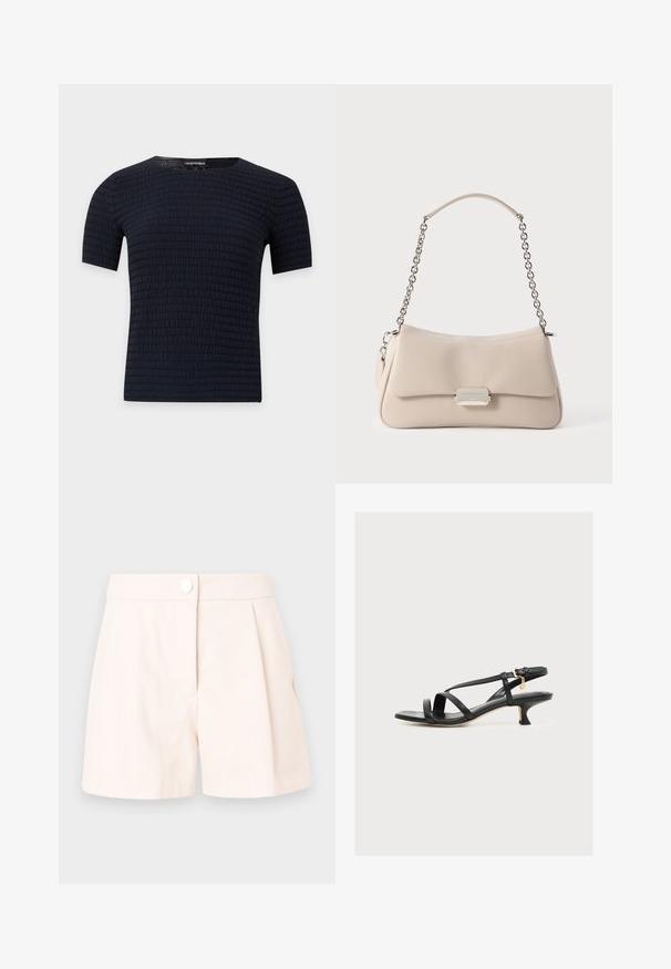 Camisa negra de manga corta con un sutil patrón texturizado horizontal y cuello redondo, presentada sobre un fondo liso y claro.; Pantalones cortos plisados beige hechos de una tela ligera, con cierre de botón y líneas limpias y ajustadas. Textura suave y diseño minimalista.; MICHAEL Michael Kors MARIANA KITTEN SANDAL - Sandalias - black; Bolso beige con forma suave y curvada, que presenta una textura lisa, un cierre de tono plateado y una correa de cadena.