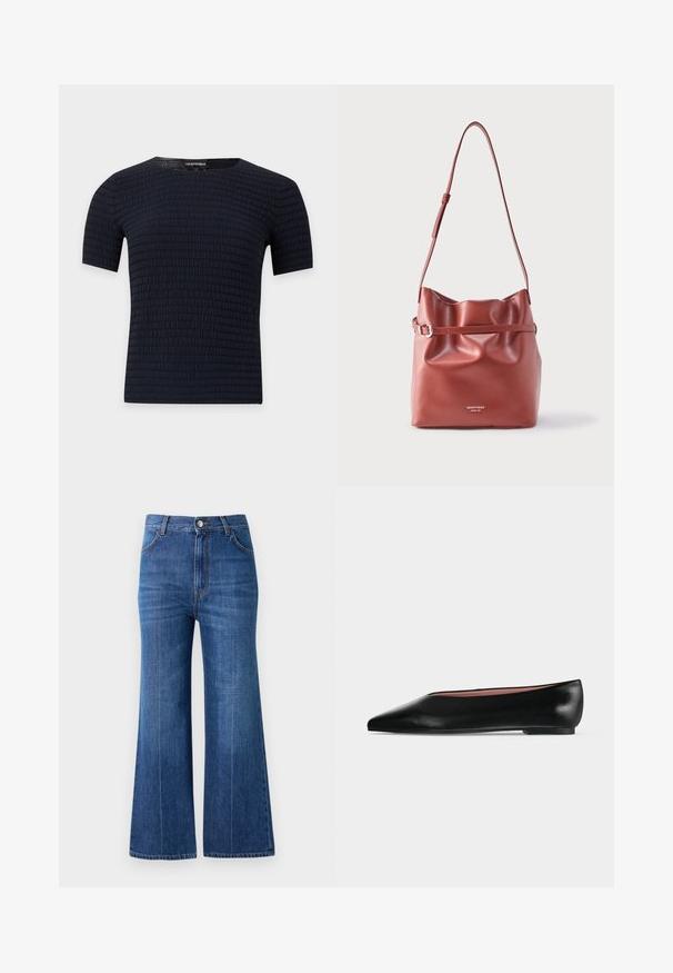 Sort kortærmet skjorte med subtilt horisontalt tekstureret mønster og rund halsudskæring, vist på en ensfarvet lys baggrund.; Bredde ben jeans i mørkeblå denim, med høj talje, diskret slidte detaljer og klassisk fem-lomme-design. Syet med kontrasttråd.; Sort damesko i læder med flad hæl og spids tå, vist fra siden på en ensfarvet lys grå baggrund.; Brun skuldertaske i læder med justerbar rem, samlet top og en smal bælte-detalje tværs over midten, præget med mærkets logo.