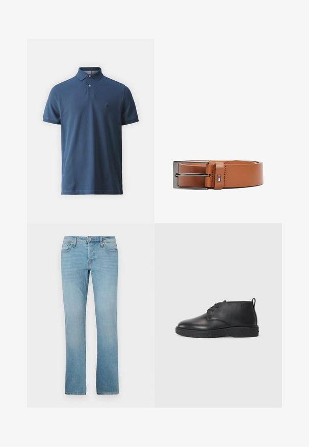 Dunkelblaues Poloshirt aus Baumwolle mit kurzen Ärmeln, einem Kragen und zwei Knöpfen. Verfügt über ein kleines Logo auf der linken Brust.; Helle Blaue Jeans aus Denim mit geradem Bein, fünf Taschen, Knopfverschluss und subtiler Verblassung für Textur.; Schwarze Leder-Stiefeletten mit glatter Textur, abgerundeter Spitze und schwarzer Gummisohle. Verfügt über ein Schnürdesign und eine Fersenschlaufe für ein einfaches Anziehen.; Brauner Leder-Gürtel mit glatter Textur, silberner Metallschnalle und einem kleinen Logo-Akzent in Rot, Weiß und Blau in der Nähe der Schnalle.