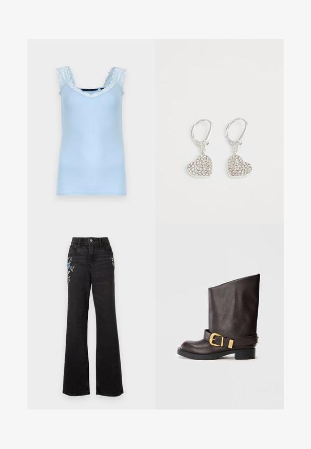 Haut sans manches bleu clair avec dentelle sur les bretelles et l'encolure, présenté sur un fond blanc uni.; Jeans noirs taille haute à jambes larges avec des motifs floraux brodés bleus et blancs sur le haut des cuisses et un style à cinq poches.; Bottine en cuir marron foncé mi-mollet avec semelle noire, petit talon et sangle décorative dorée autour de la cheville, vue de côté.; Boucles d'oreilles en forme de cœur en argent ornées de strass transparents, dotées de fermoirs à levier pour un maintien sécurisé.
